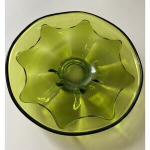 Green Glass Dish on Pedestal Bowl Round Glossy 8.5” Diameter 2” Height One-Piece
